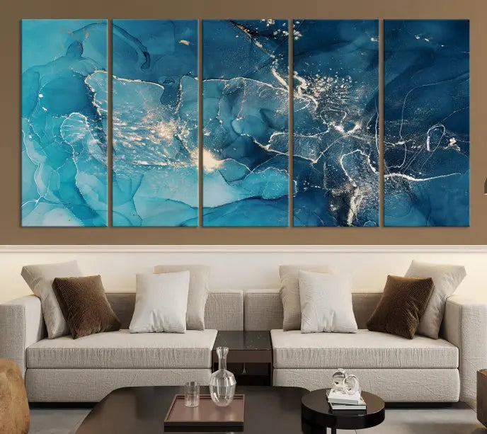 The wall is adorned with a triptych of abstract paintings titled "Dark Turquoise Marble Fluid Effect Wall Art Abstract Canvas Wall Art Print." These museum-quality canvases are ready to hang and feature a UV-protective coating to ensure lasting brilliance.