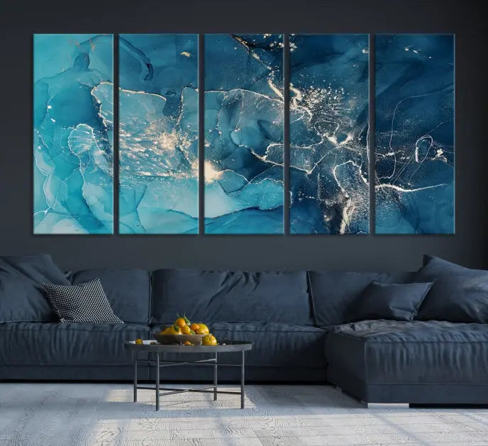 The wall is adorned with a triptych of abstract paintings titled "Dark Turquoise Marble Fluid Effect Wall Art Abstract Canvas Wall Art Print." These museum-quality canvases are ready to hang and feature a UV-protective coating to ensure lasting brilliance.