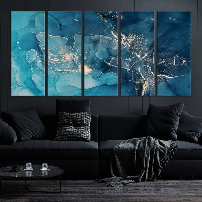 The wall is adorned with a triptych of abstract paintings titled "Dark Turquoise Marble Fluid Effect Wall Art Abstract Canvas Wall Art Print." These museum-quality canvases are ready to hang and feature a UV-protective coating to ensure lasting brilliance.