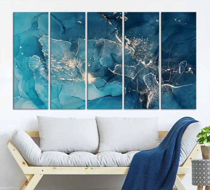 The wall is adorned with a triptych of abstract paintings titled "Dark Turquoise Marble Fluid Effect Wall Art Abstract Canvas Wall Art Print." These museum-quality canvases are ready to hang and feature a UV-protective coating to ensure lasting brilliance.