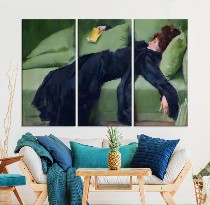 The "Decadent Girl by Ramon Casas" wall art canvas print, also known as the "Decadent Woman Resting," depicts a vintage scene of a woman reclining elegantly.