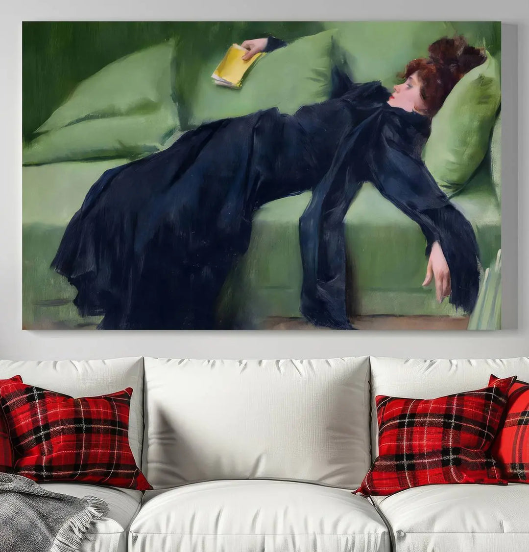 The "Decadent Girl by Ramon Casas" wall art canvas print, also known as the "Decadent Woman Resting," depicts a vintage scene of a woman reclining elegantly.