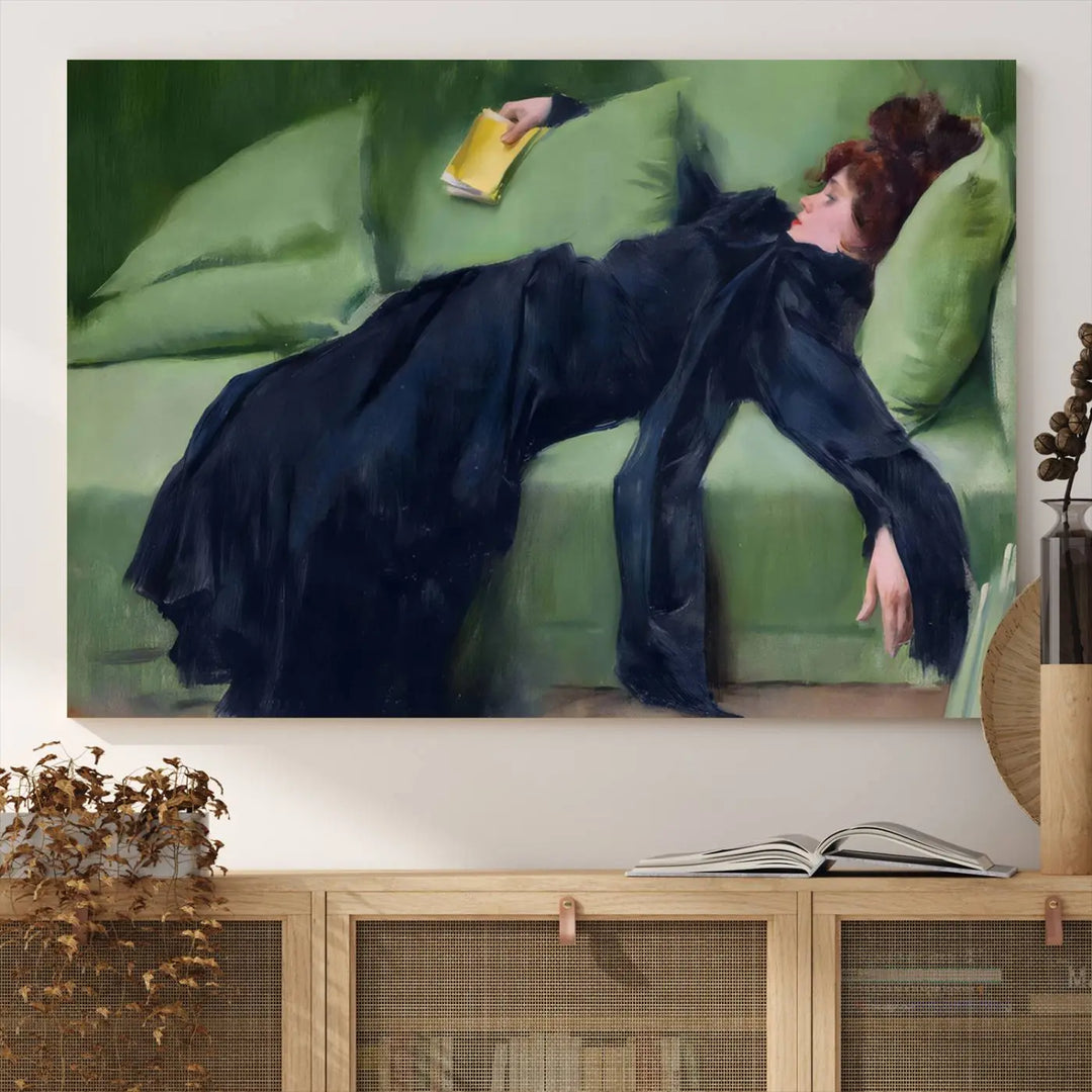 The "Decadent Girl by Ramon Casas" wall art canvas print, also known as the "Decadent Woman Resting," depicts a vintage scene of a woman reclining elegantly.