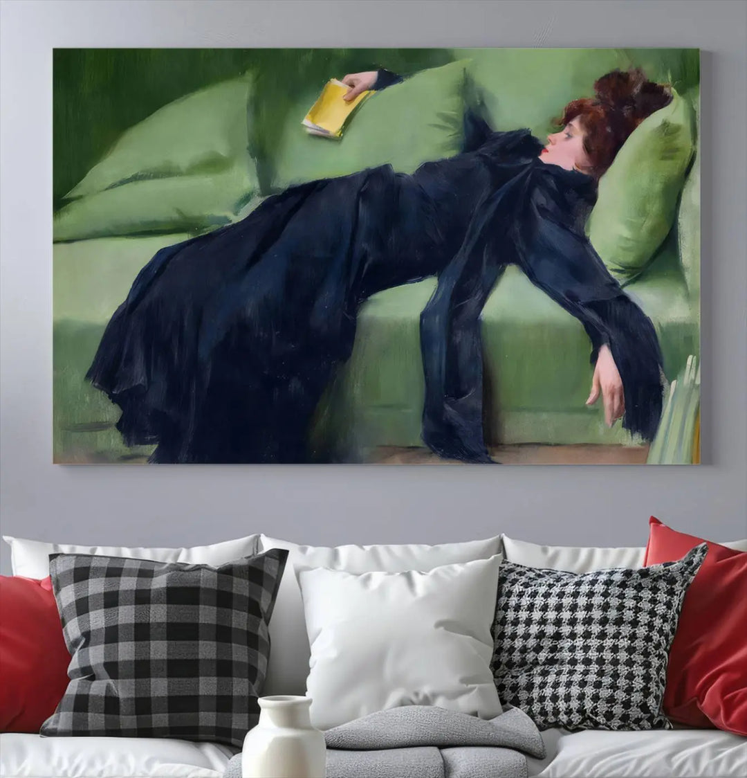 The "Decadent Girl by Ramon Casas" wall art canvas print, also known as the "Decadent Woman Resting," depicts a vintage scene of a woman reclining elegantly.