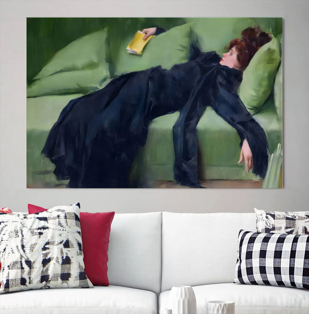 The "Decadent Girl by Ramon Casas" wall art canvas print, also known as the "Decadent Woman Resting," depicts a vintage scene of a woman reclining elegantly.