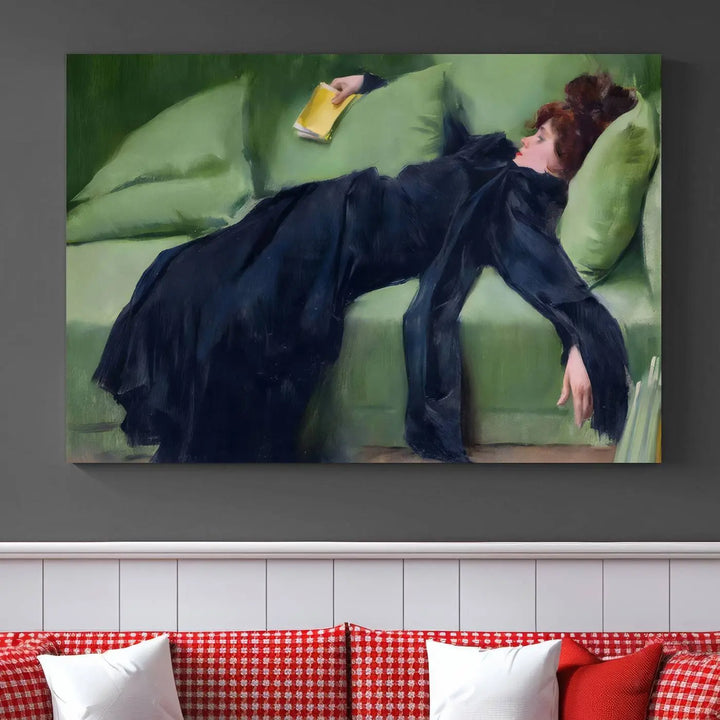 The "Decadent Girl by Ramon Casas" wall art canvas print, also known as the "Decadent Woman Resting," depicts a vintage scene of a woman reclining elegantly.