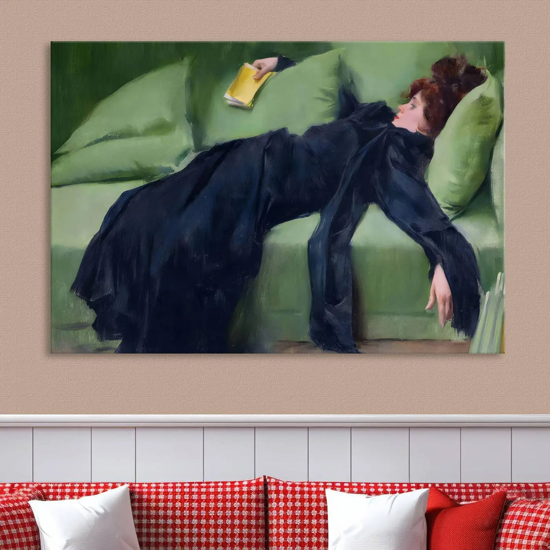 The "Decadent Girl by Ramon Casas" wall art canvas print, also known as the "Decadent Woman Resting," depicts a vintage scene of a woman reclining elegantly.