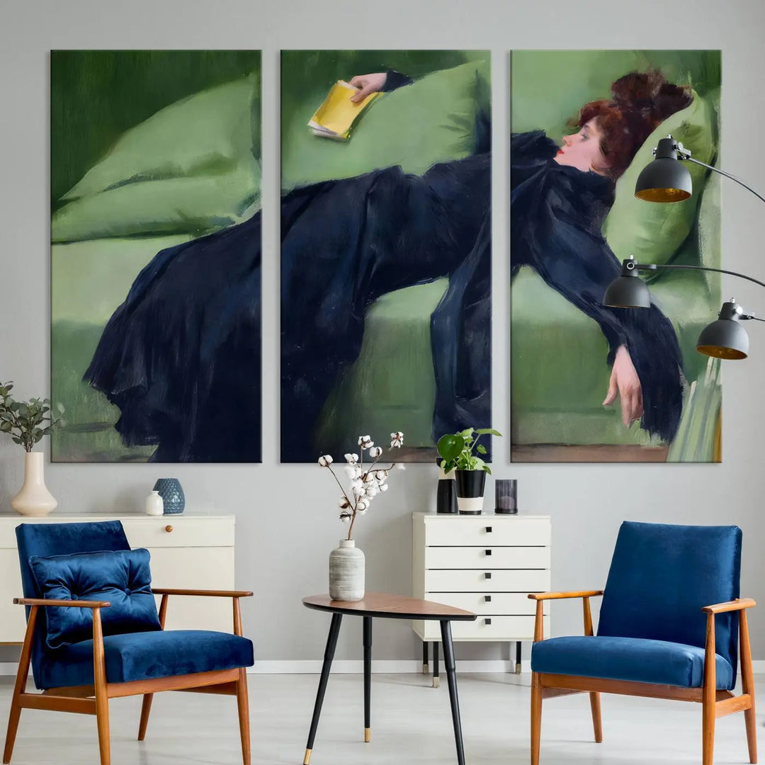 The "Decadent Girl by Ramon Casas" wall art canvas print, also known as the "Decadent Woman Resting," depicts a vintage scene of a woman reclining elegantly.