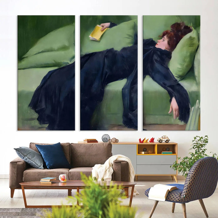 The "Decadent Girl by Ramon Casas" wall art canvas print, also known as the "Decadent Woman Resting," depicts a vintage scene of a woman reclining elegantly.