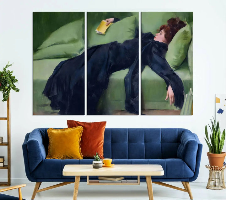 The "Decadent Girl by Ramon Casas" wall art canvas print, also known as the "Decadent Woman Resting," depicts a vintage scene of a woman reclining elegantly.