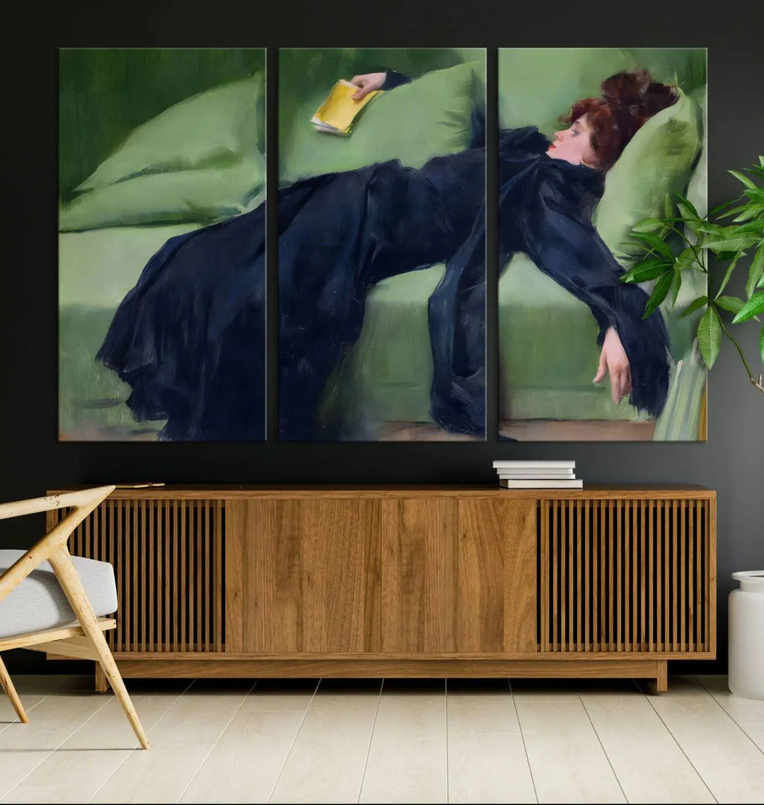 The "Decadent Girl by Ramon Casas" wall art canvas print, also known as the "Decadent Woman Resting," depicts a vintage scene of a woman reclining elegantly.