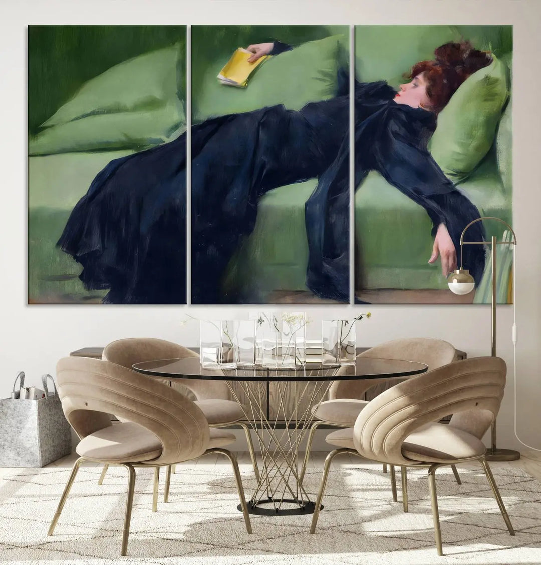 The "Decadent Girl by Ramon Casas" wall art canvas print, also known as the "Decadent Woman Resting," depicts a vintage scene of a woman reclining elegantly.