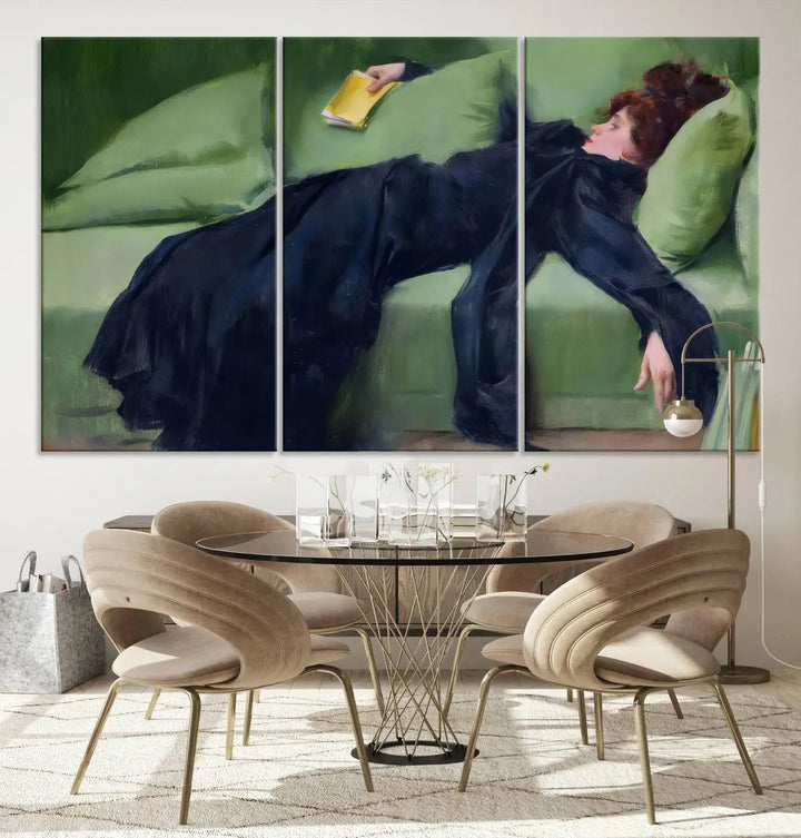 The "Decadent Girl by Ramon Casas" wall art canvas print, also known as the "Decadent Woman Resting," depicts a vintage scene of a woman reclining elegantly.