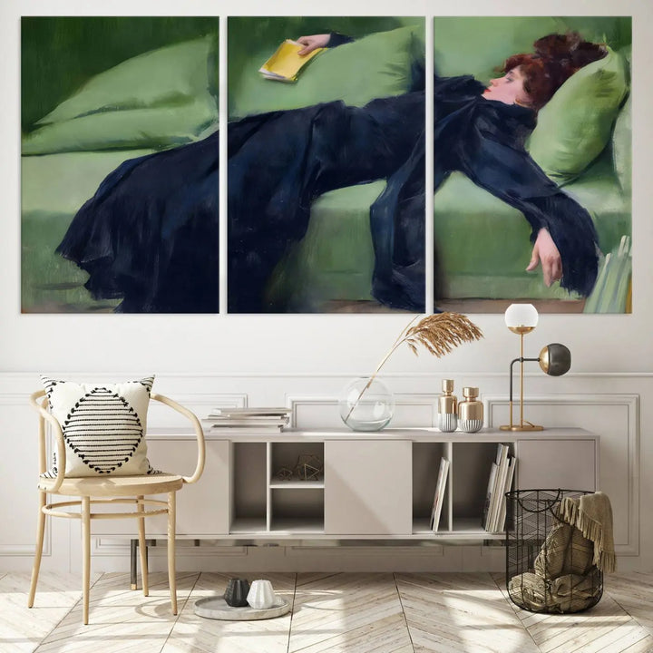 The "Decadent Girl by Ramon Casas" wall art canvas print, also known as the "Decadent Woman Resting," depicts a vintage scene of a woman reclining elegantly.