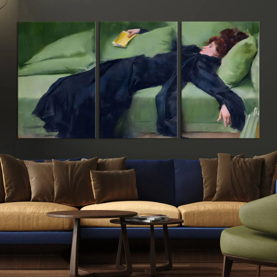 The "Decadent Girl by Ramon Casas" wall art canvas print, also known as the "Decadent Woman Resting," depicts a vintage scene of a woman reclining elegantly.