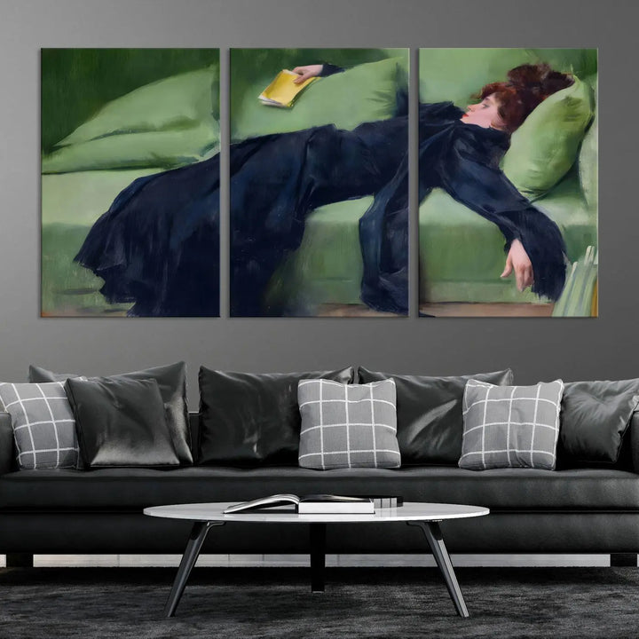 The "Decadent Girl by Ramon Casas" wall art canvas print, also known as the "Decadent Woman Resting," depicts a vintage scene of a woman reclining elegantly.