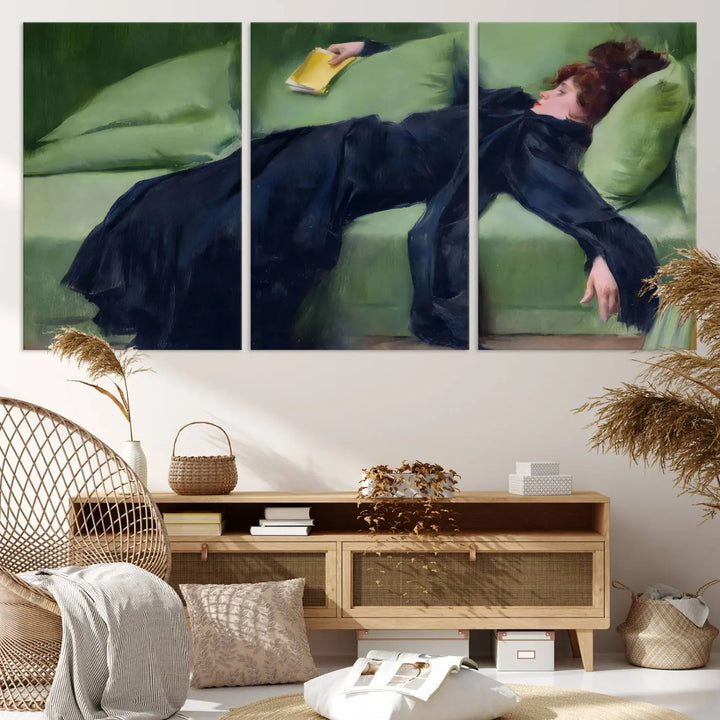 The "Decadent Girl by Ramon Casas" wall art canvas print, also known as the "Decadent Woman Resting," depicts a vintage scene of a woman reclining elegantly.