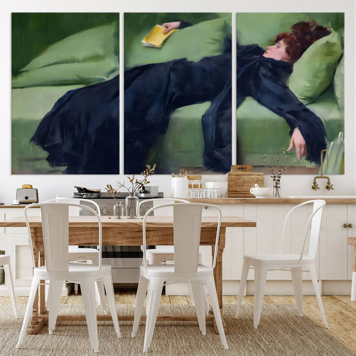 The "Decadent Girl by Ramon Casas" wall art canvas print, also known as the "Decadent Woman Resting," depicts a vintage scene of a woman reclining elegantly.