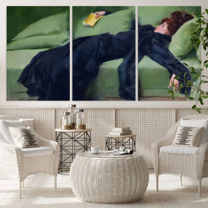 The "Decadent Girl by Ramon Casas" wall art canvas print, also known as the "Decadent Woman Resting," depicts a vintage scene of a woman reclining elegantly.