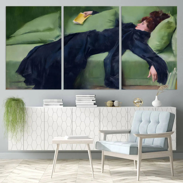 The "Decadent Girl by Ramon Casas" wall art canvas print, also known as the "Decadent Woman Resting," depicts a vintage scene of a woman reclining elegantly.