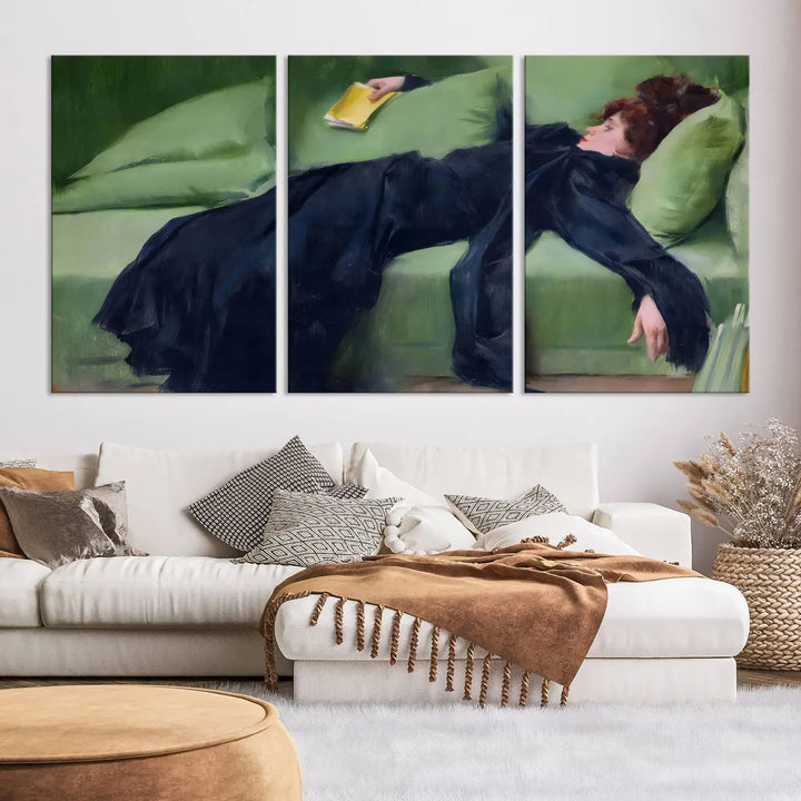 The "Decadent Girl by Ramon Casas" wall art canvas print, also known as the "Decadent Woman Resting," depicts a vintage scene of a woman reclining elegantly.