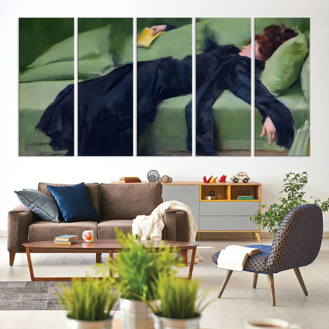 The "Decadent Girl by Ramon Casas" wall art canvas print, also known as the "Decadent Woman Resting," depicts a vintage scene of a woman reclining elegantly.