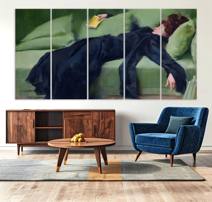 The "Decadent Girl by Ramon Casas" wall art canvas print, also known as the "Decadent Woman Resting," depicts a vintage scene of a woman reclining elegantly.