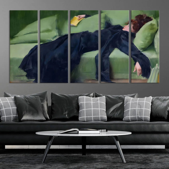 The "Decadent Girl by Ramon Casas" wall art canvas print, also known as the "Decadent Woman Resting," depicts a vintage scene of a woman reclining elegantly.