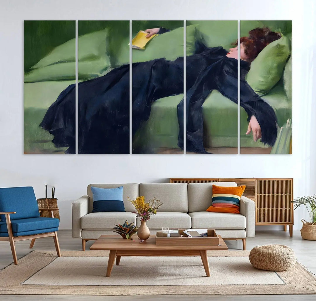 The "Decadent Girl by Ramon Casas" wall art canvas print, also known as the "Decadent Woman Resting," depicts a vintage scene of a woman reclining elegantly.