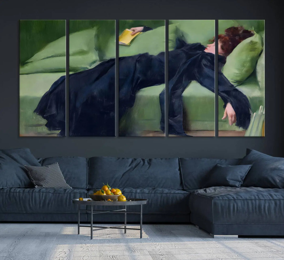 The "Decadent Girl by Ramon Casas" wall art canvas print, also known as the "Decadent Woman Resting," depicts a vintage scene of a woman reclining elegantly.