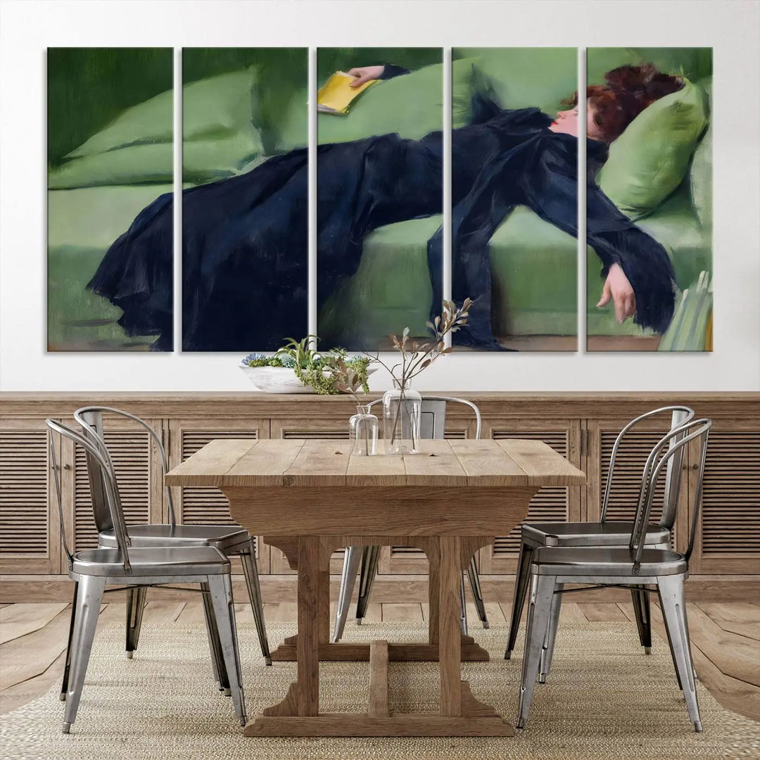 The "Decadent Girl by Ramon Casas" wall art canvas print, also known as the "Decadent Woman Resting," depicts a vintage scene of a woman reclining elegantly.