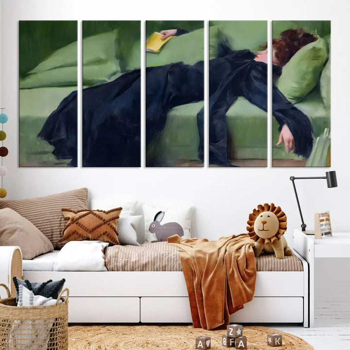 The "Decadent Girl by Ramon Casas" wall art canvas print, also known as the "Decadent Woman Resting," depicts a vintage scene of a woman reclining elegantly.