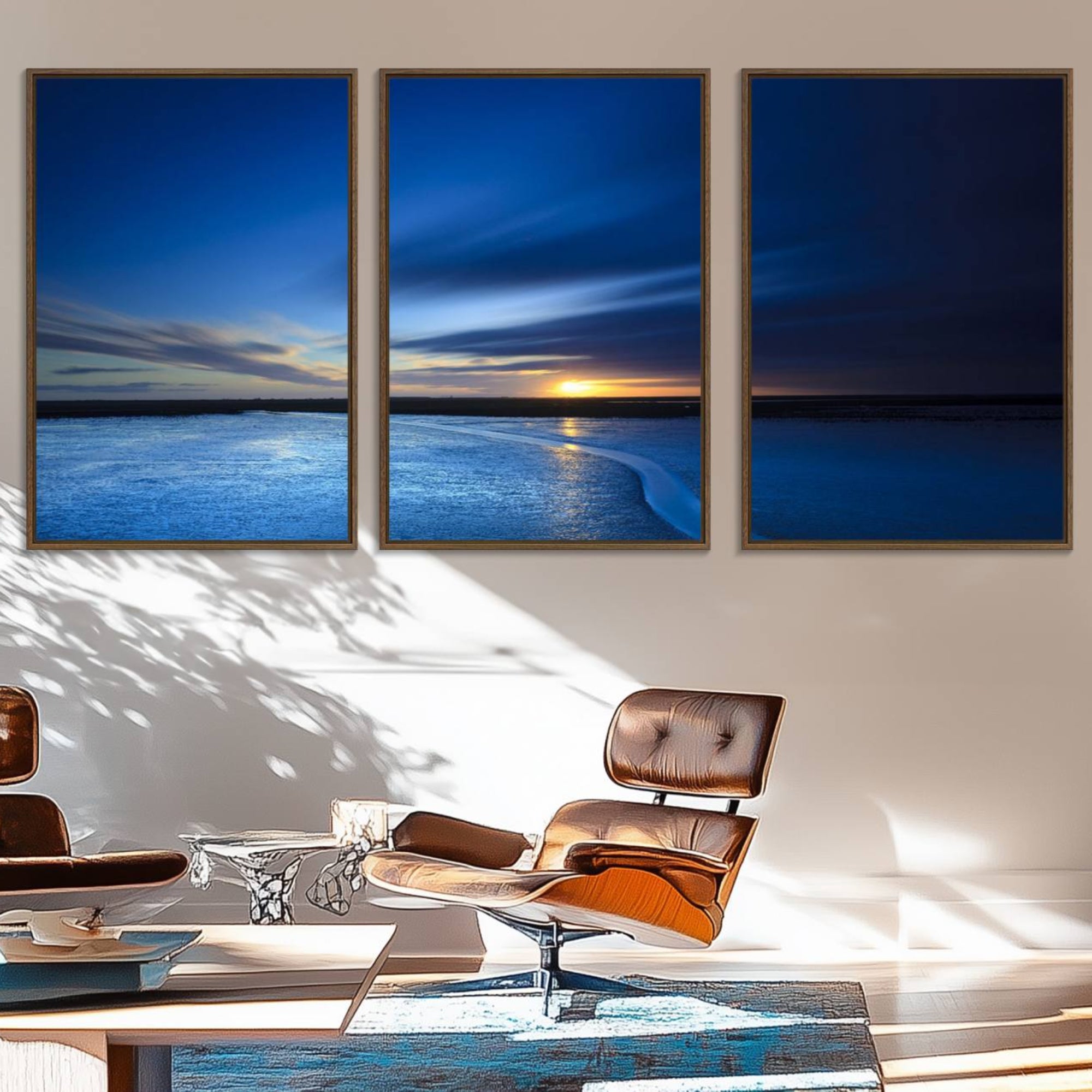 65405-MGV-FC-60X30-3P_Walnut-Deep Blue Ocean Sunset Canvas Art, Serene Coastal Sunset Print, Ocean Horizon and Sunset Wall Art