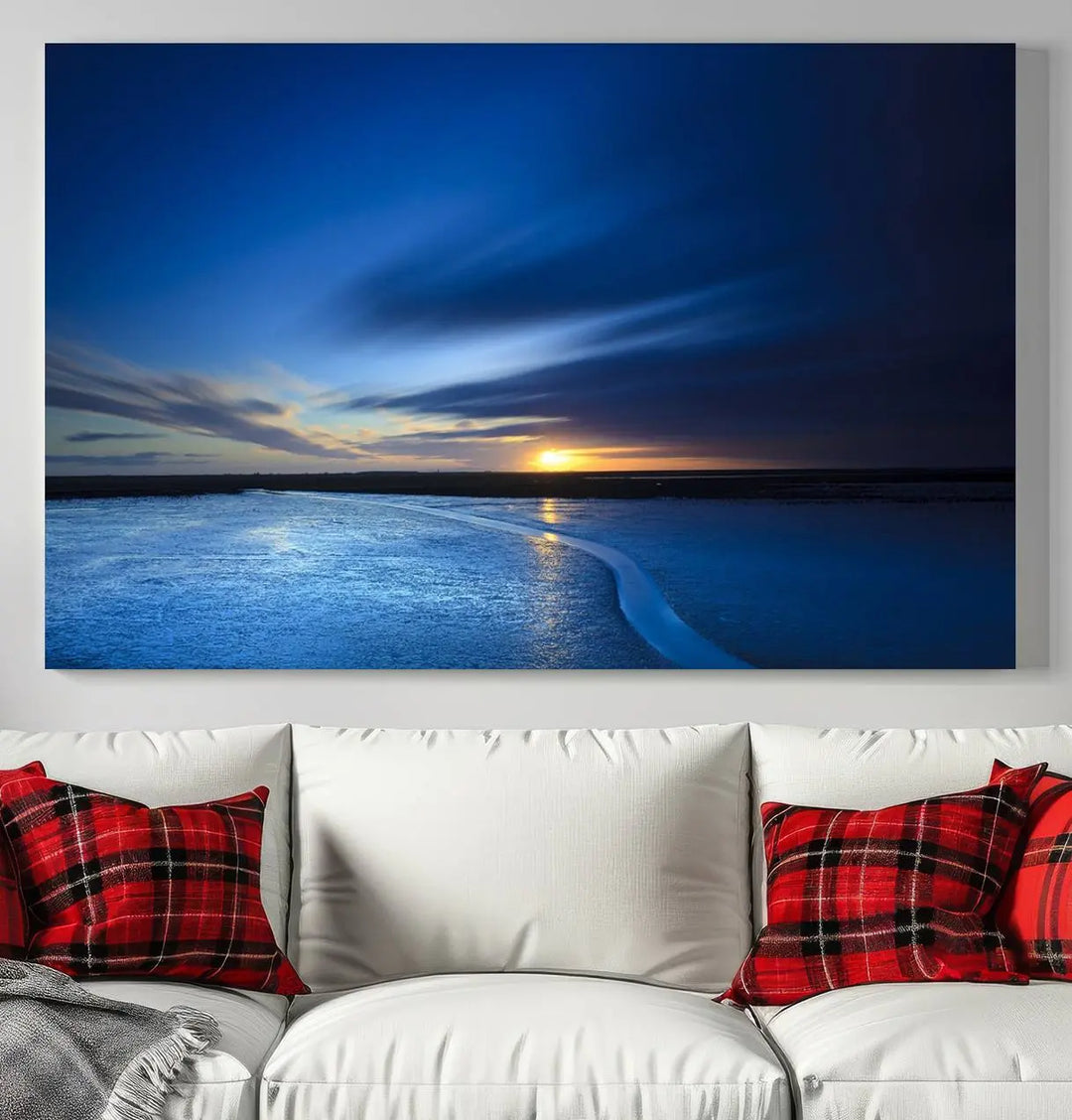 Deep blue ocean sunset triptych canvas art featuring a serene coastal sunset. Ideal for modern interiors. High-quality giclee canvas print.