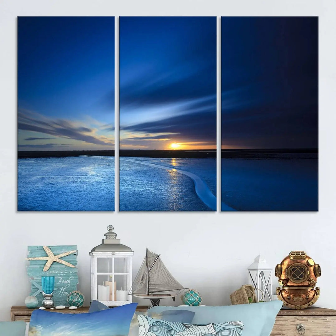 Deep blue ocean sunset triptych canvas art featuring a serene coastal sunset. Ideal for modern interiors. High-quality giclee canvas print.