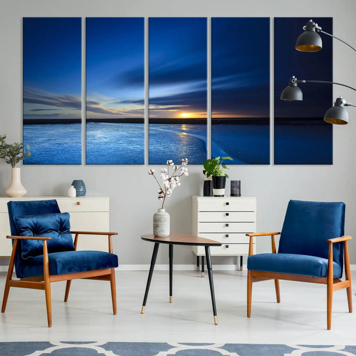 Deep blue ocean sunset triptych canvas art featuring a serene coastal sunset. Ideal for modern interiors. High-quality giclee canvas print.