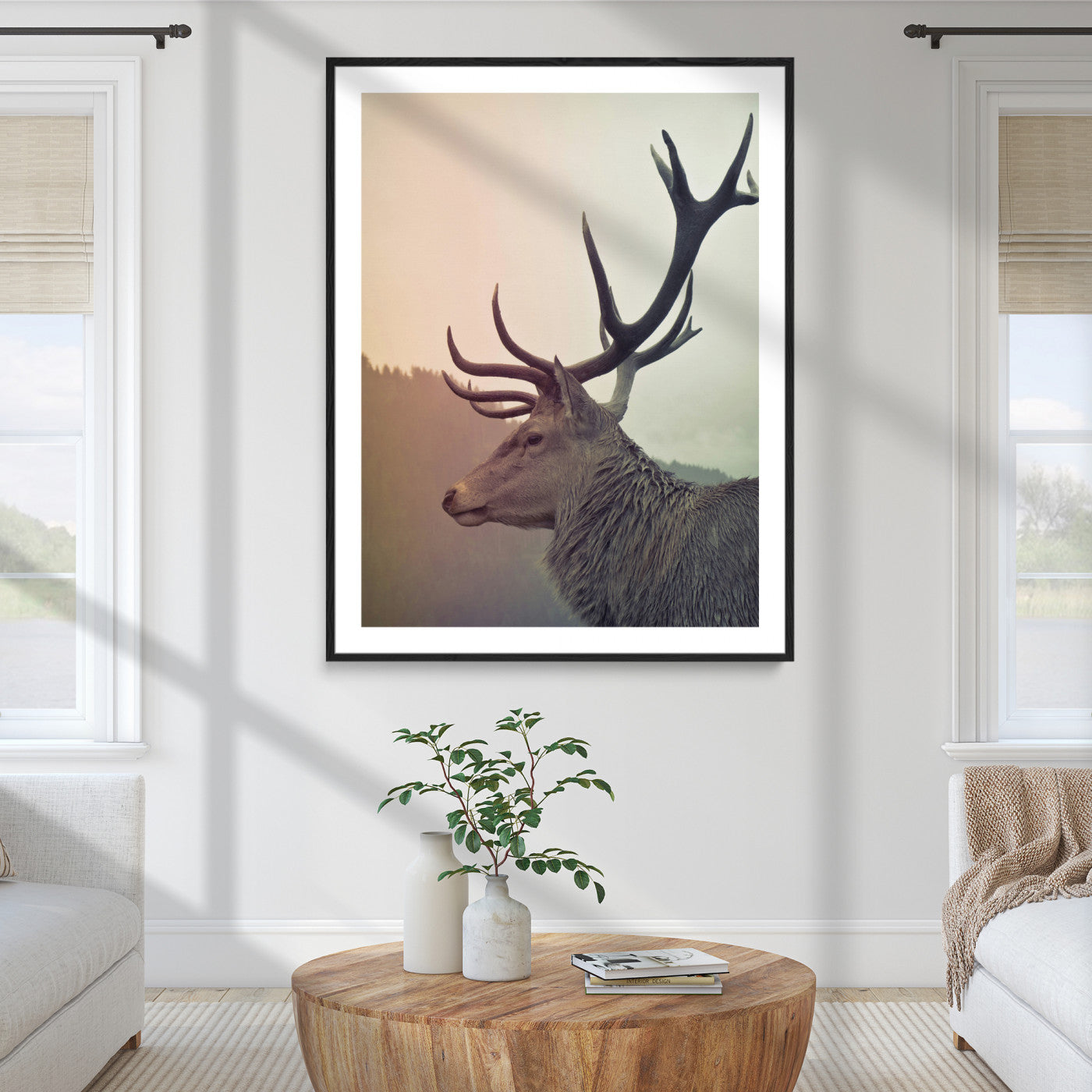 22632976-MGC-FP-36x24_Black-Deer Wall Art Print Canvas, Woodland Animal Decor Print, Framed Rustic Lodge Wall Art Art Print, Large Nature Wildlife Print