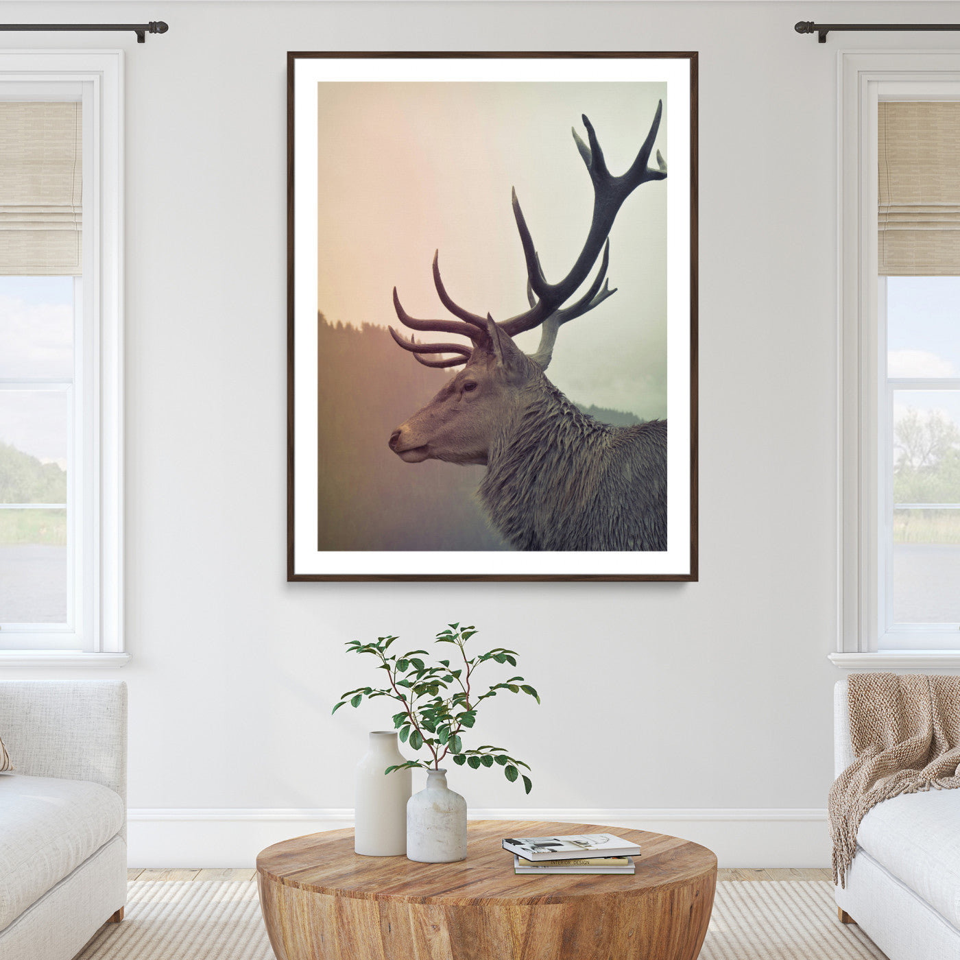 22632976-MGC-FP-36x24_Walnut-Deer Wall Art Print Canvas, Woodland Animal Decor Print, Framed Rustic Lodge Wall Art Art Print, Large Nature Wildlife Print
