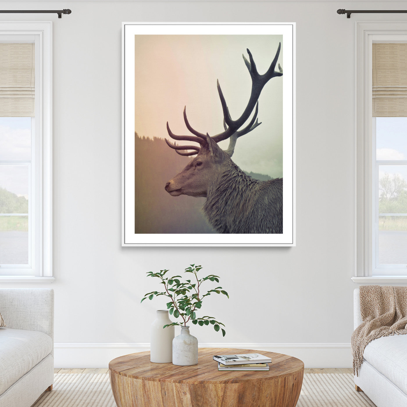 22632976-MGC-FP-36x24_White-Deer Wall Art Print Canvas, Woodland Animal Decor Print, Framed Rustic Lodge Wall Art Art Print, Large Nature Wildlife Print