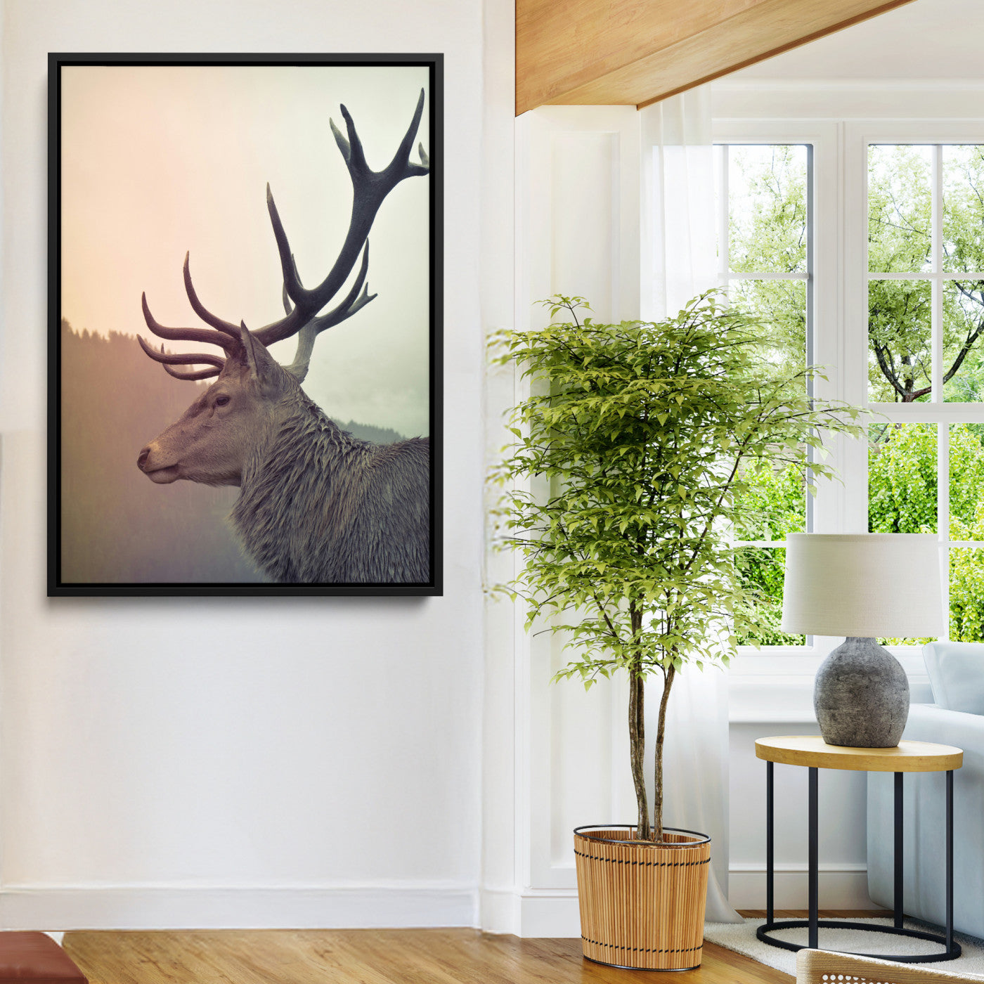 22632976-MGV-CV-36X24-Deer Wall Art Print Canvas, Woodland Animal Decor Print, Framed Rustic Lodge Wall Art Art Print, Large Nature Wildlife Print