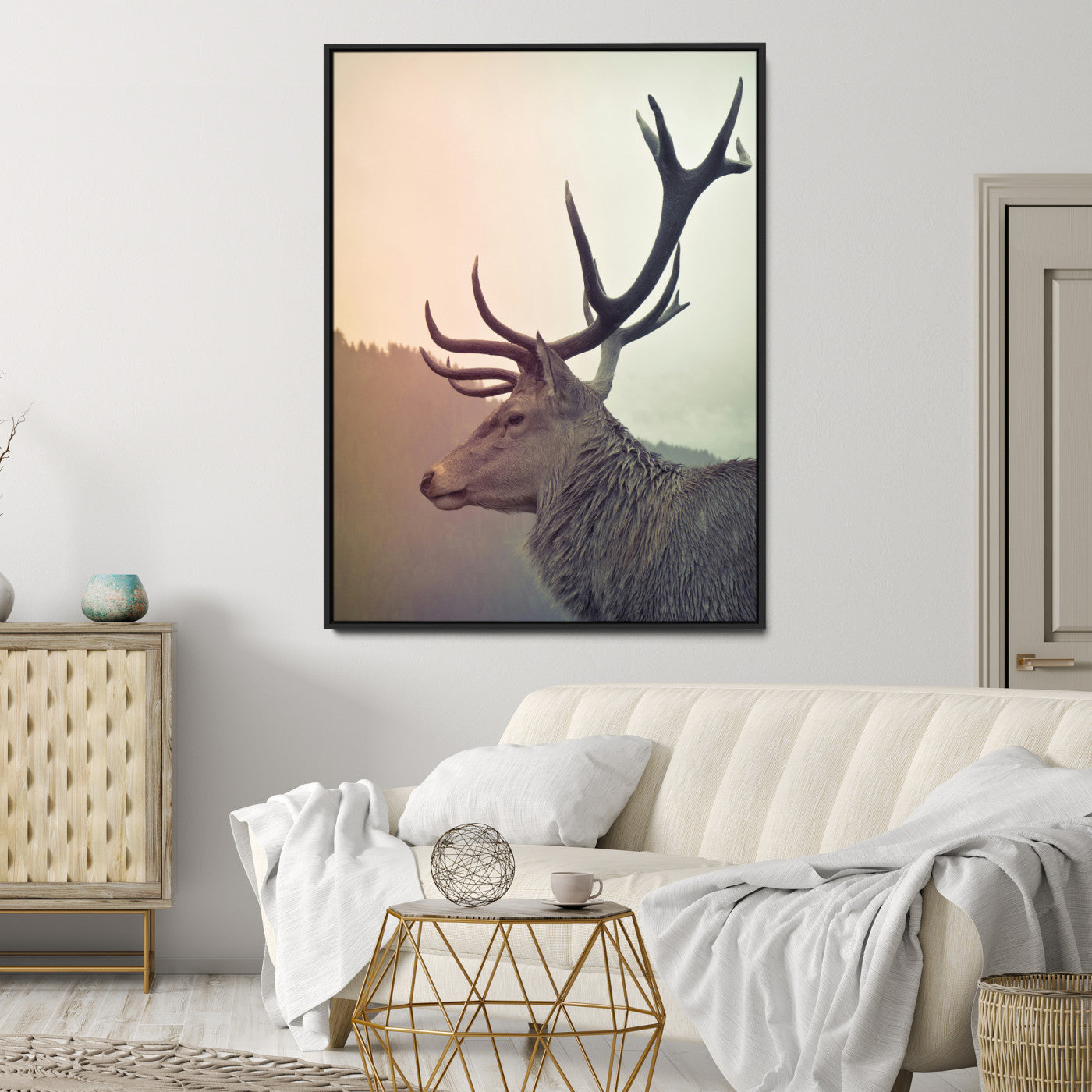 22632976-MGV-CV-36X24-Deer Wall Art Print Canvas, Woodland Animal Decor Print, Framed Rustic Lodge Wall Art Art Print, Large Nature Wildlife Print