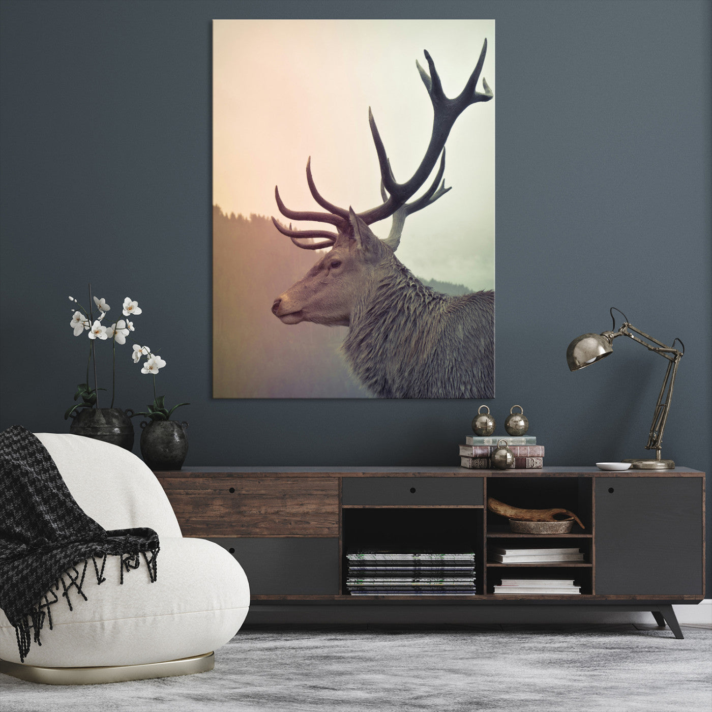 22632976-MGV-CV-36X24-Deer Wall Art Print Canvas, Woodland Animal Decor Print, Framed Rustic Lodge Wall Art Art Print, Large Nature Wildlife Print