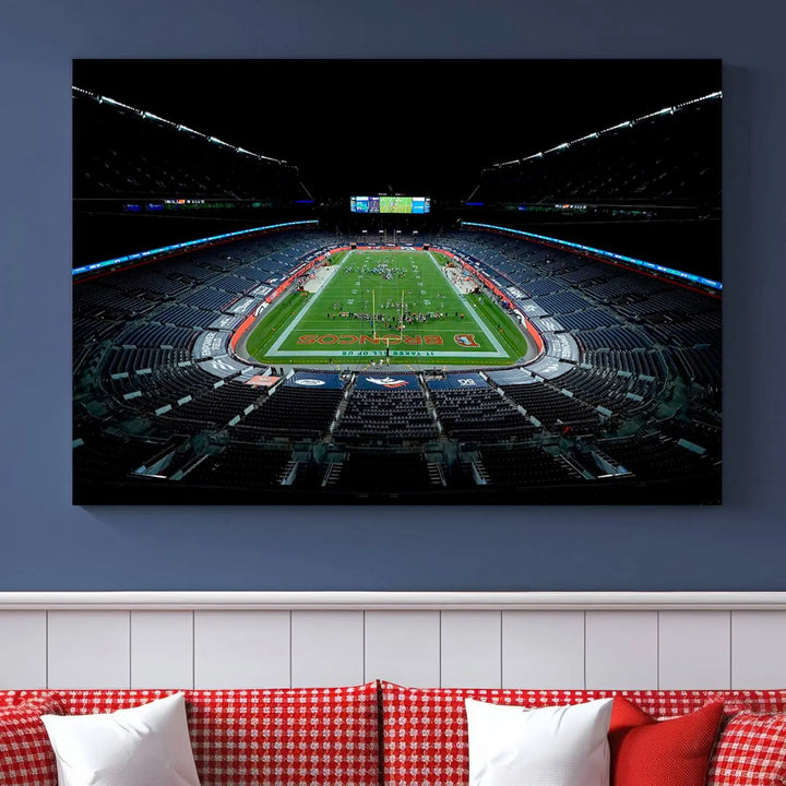 A large canvas titled "Denver Broncos Football Team Print - Denver Empower Field at Mile High Stadium Wall Art Canvas Print" showcases high-resolution printing fit for museum quality.