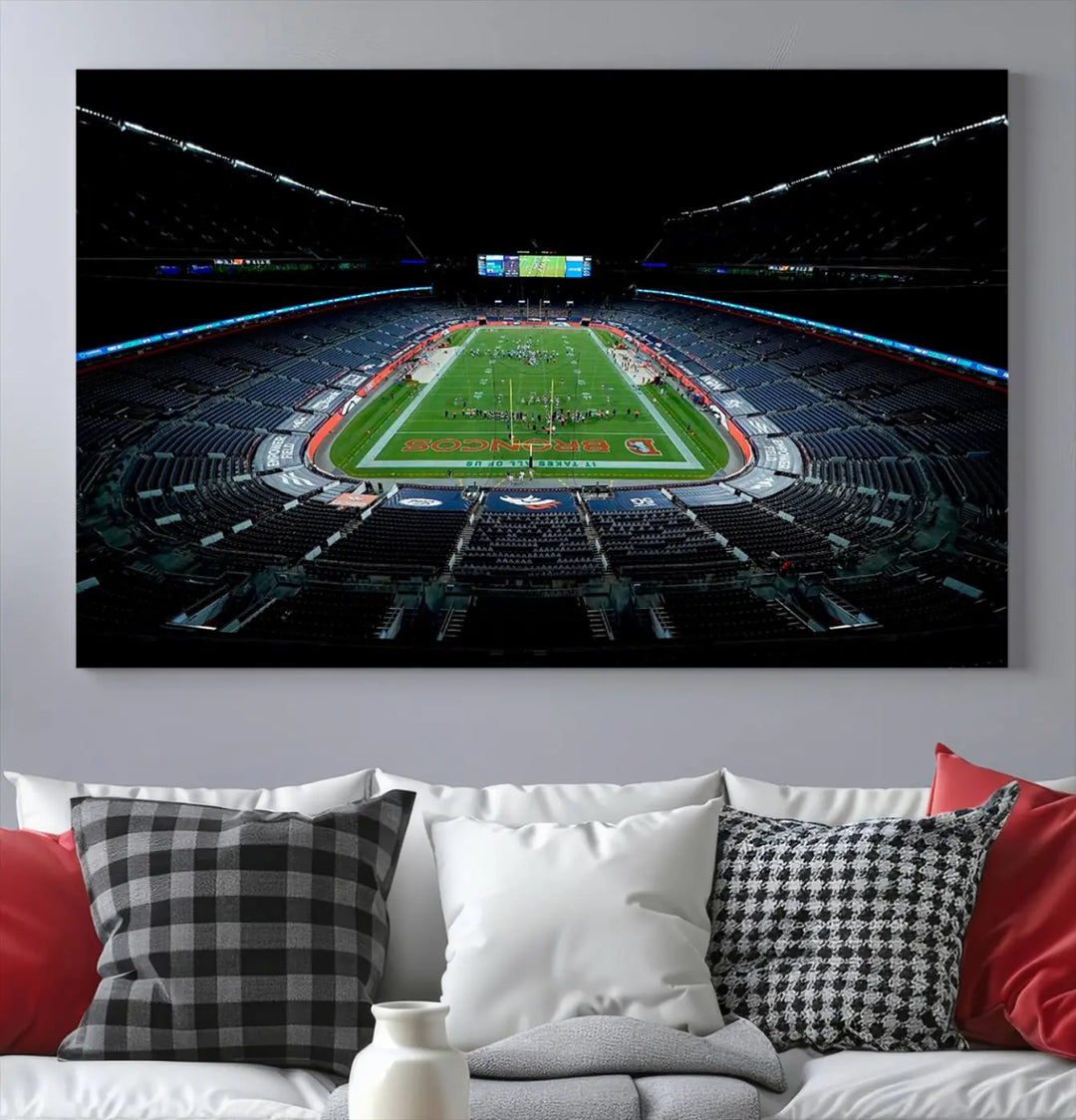 A large canvas titled "Denver Broncos Football Team Print - Denver Empower Field at Mile High Stadium Wall Art Canvas Print" showcases high-resolution printing fit for museum quality.