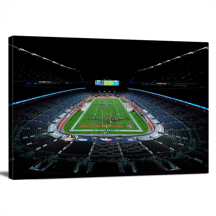 A large canvas titled "Denver Broncos Football Team Print - Denver Empower Field at Mile High Stadium Wall Art Canvas Print" showcases high-resolution printing fit for museum quality.