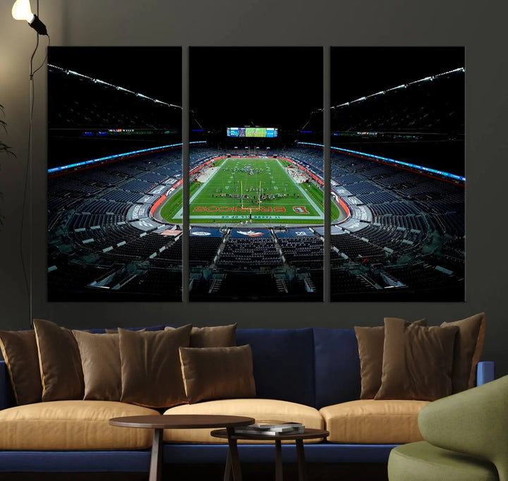 A large canvas titled "Denver Broncos Football Team Print - Denver Empower Field at Mile High Stadium Wall Art Canvas Print" showcases high-resolution printing fit for museum quality.