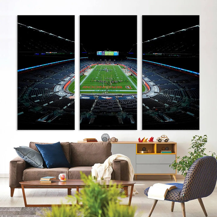 A large canvas titled "Denver Broncos Football Team Print - Denver Empower Field at Mile High Stadium Wall Art Canvas Print" showcases high-resolution printing fit for museum quality.