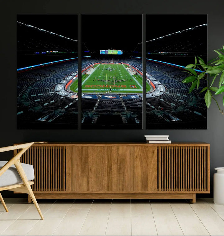 A large canvas titled "Denver Broncos Football Team Print - Denver Empower Field at Mile High Stadium Wall Art Canvas Print" showcases high-resolution printing fit for museum quality.