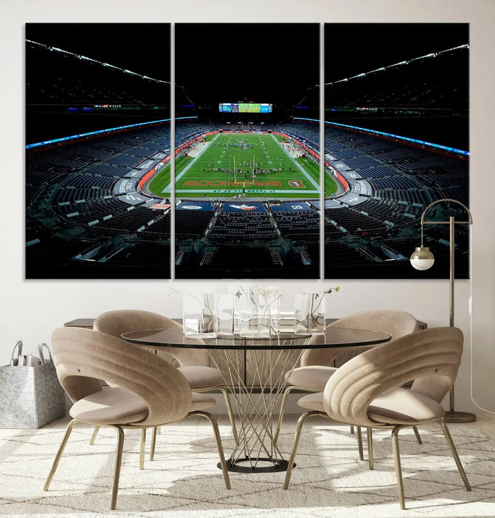 A large canvas titled "Denver Broncos Football Team Print - Denver Empower Field at Mile High Stadium Wall Art Canvas Print" showcases high-resolution printing fit for museum quality.