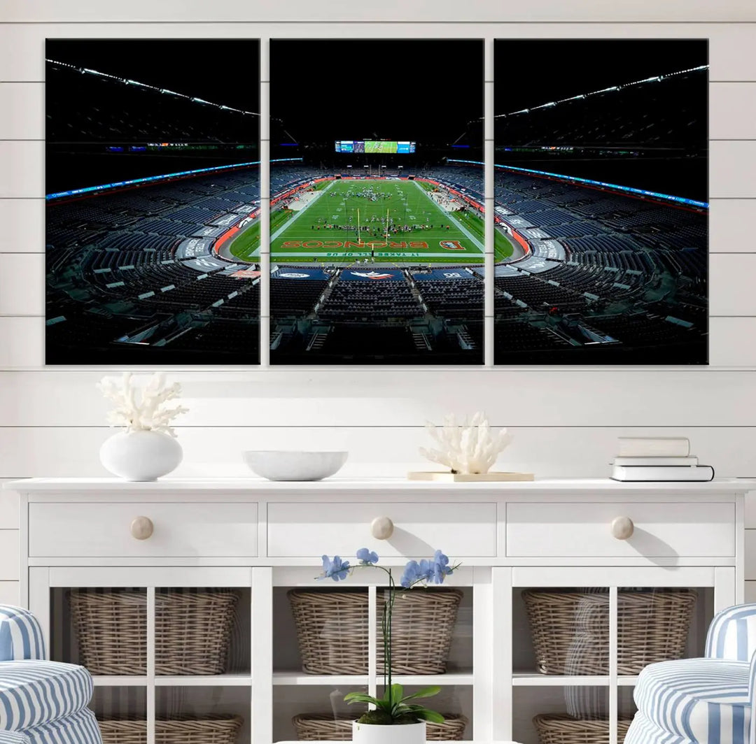 A large canvas titled "Denver Broncos Football Team Print - Denver Empower Field at Mile High Stadium Wall Art Canvas Print" showcases high-resolution printing fit for museum quality.